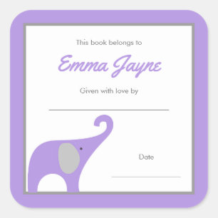 Sticker Carré Bibliothèque de livres de Baby shower Purple Eleph