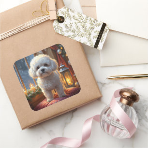 Sticker Carré Bichon Frisé avec lumières de Noël vacances