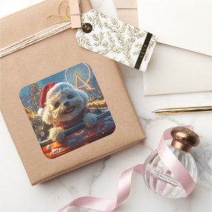 Sticker Carré Bichon Frise Dog Roller Dessous de verre Noël