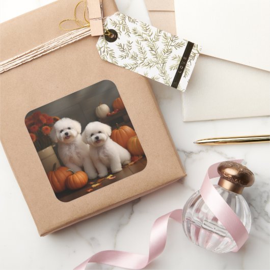 Sticker Carré Bichon Frise Puppy Automne Citrouille délice (Cadeaux)