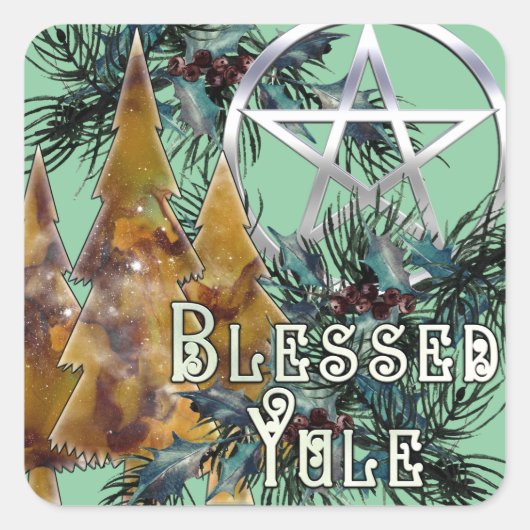 Sticker Carré Bienheureux Yule Argent Pentacle Holly et Pine (Devant)