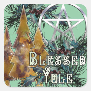 Sticker Carré Bienheureux Yule Argent Pentacle Holly et Pine