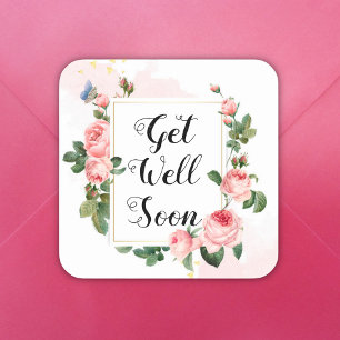 Sticker Carré bientôt, aquarelle rose roses vintages