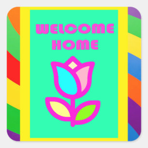 STICKER CARRÉ BIENVENUE À LA MAISON AVEC STRIPES ET MOTIF FLEURI