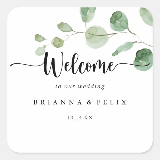 Sticker Carré Bienvenue au Mariage Eucalyptus de luxe vert (Devant)