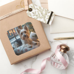 Sticker Carré Biewer Terrier avec lumières de Noël pour les fête