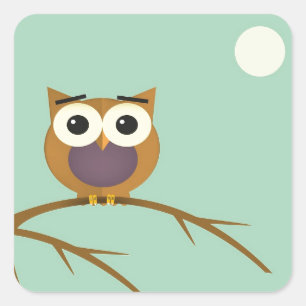 Sticker Carré Big Eyed Owl en Branche avec Pleine lune