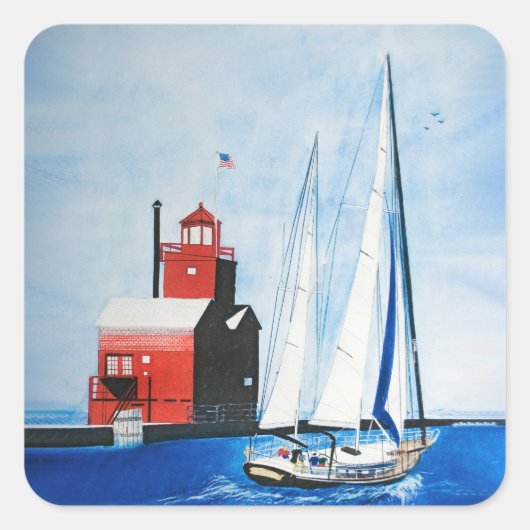 Sticker Carré Big Red Michigan Lighthouse and Sailboat (Devant)
