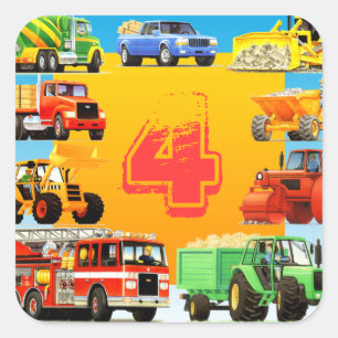 Sticker Carré Big Trucks 4e anniversaire fête Personnalisé Enfan