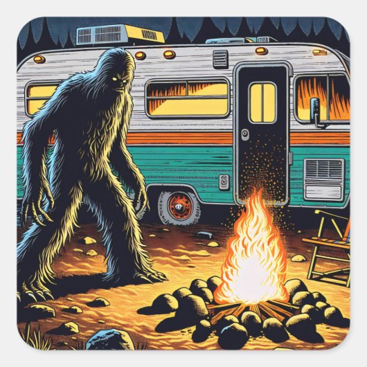 Sticker Carré Bigfoot à Campfire et Retro Rv (Devant)