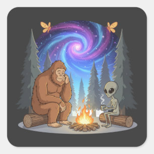 Sticker Carré Bigfoot et Alien au feu de camp galactique fantais