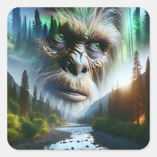 Sticker Carré Bigfoot, montagnes, rivière et forêt