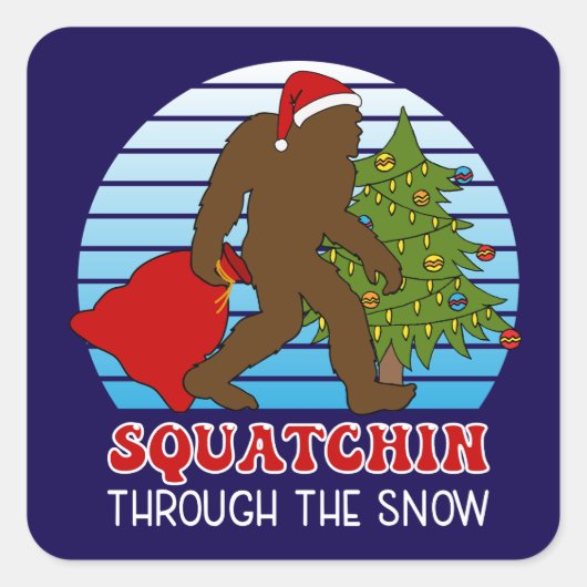 Sticker Carré Bigfoot Squatchin à travers la neige Noël (Devant)