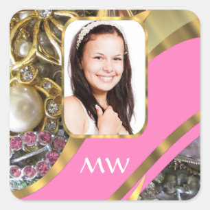 Sticker Carré Bijoux rose arrière - plan personnalisé