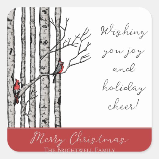 Sticker Carré Birch Trees modernes et Red Cardinal Birds (Devant)