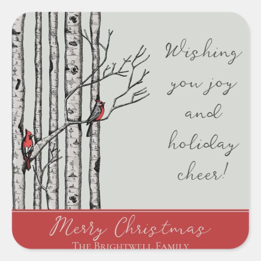 Sticker Carré Birch Trees modernes et Red Cardinal Birds (Devant)