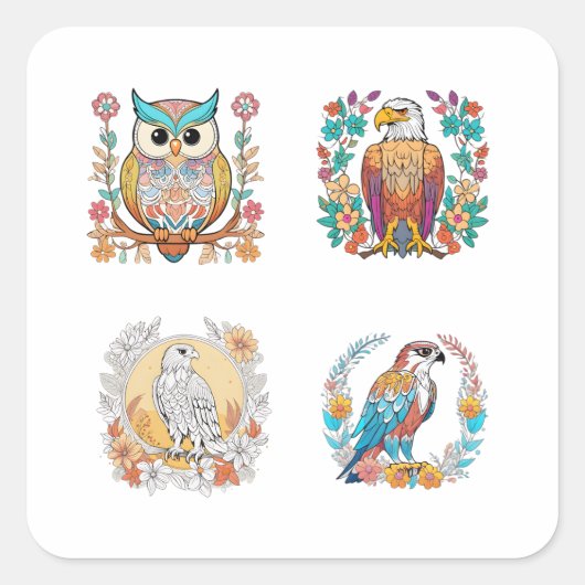 Sticker Carré Birds of Prey Cartoon Floral Pattern Art 4 Pack St (Devant)