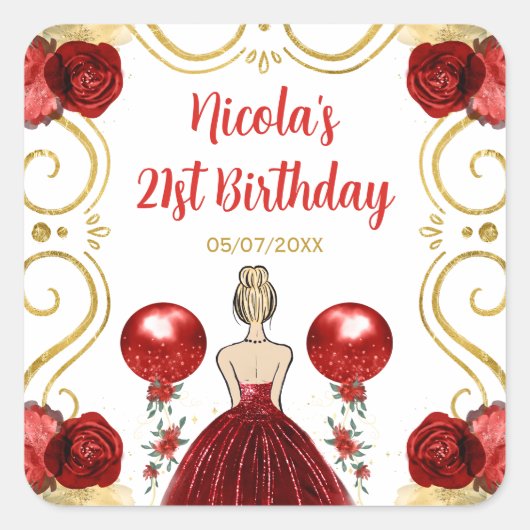 Sticker Carré Birthday Party Blonde Princess in Red (Devant)