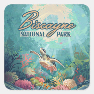 Sticker Carré Biscayne National Park Floride Turtle Coral Retro