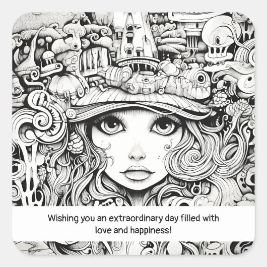 Sticker Carré Black and white girl Doodle Inspiration (Devant)