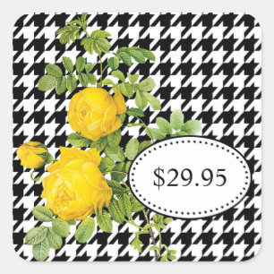Sticker Carré Black and White Houndstooth Yellow Rose Prix Tags