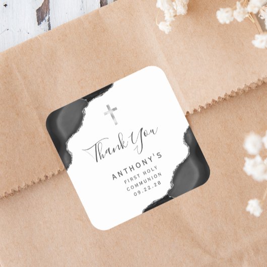 Sticker Carré Black Argent Agate Premier Sainte Communion Merci