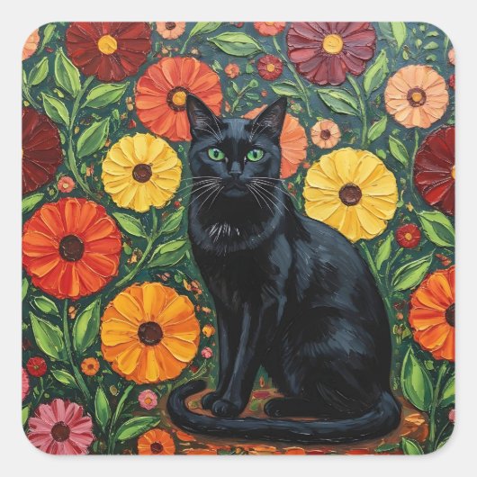 Sticker Carré Black Cat and Colorful Folk Art Flowers (Devant)