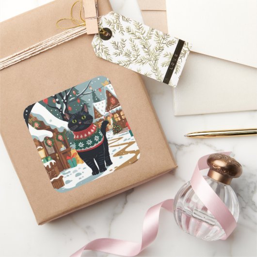 Sticker Carré Black Cat Christmas Snow Holiday (Cadeaux)