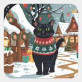 Sticker Carré Black Cat Christmas Snow Holiday (Devant)