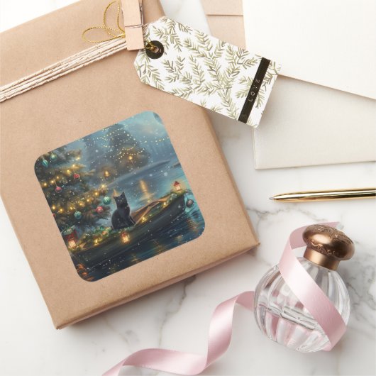 Sticker Carré Black Cat Noël Festive Voyage (Cadeaux)