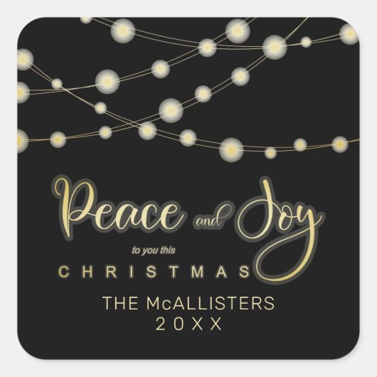 Sticker Carré Black Christmas Light Paix & Joy Whimsical Script (Devant)