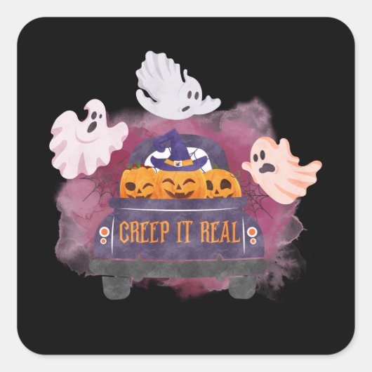 Sticker Carré Black Creep It Real Citrouille Ghost Halloween (Devant)