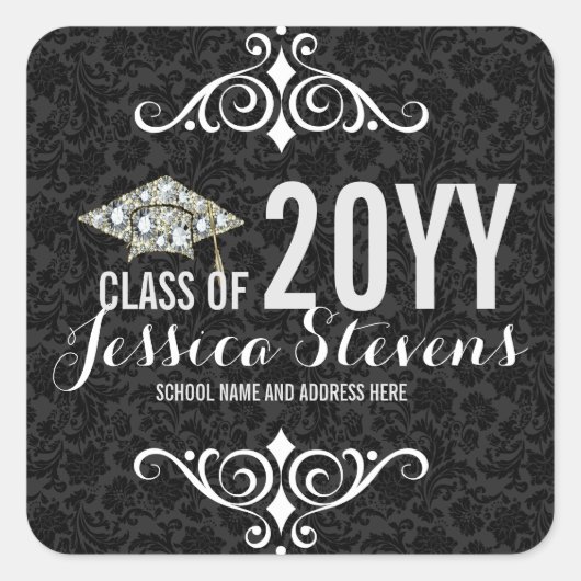 Sticker Carré Black Damasks Faux Damions Graduation Hat 2b (Devant)