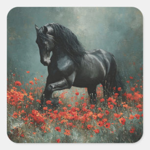 Sticker Carré Black Friesian Stallion Red Poppies