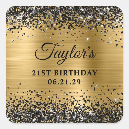 Sticker Carré Black Glitter Gold Foil 21st Birthday (Devant)