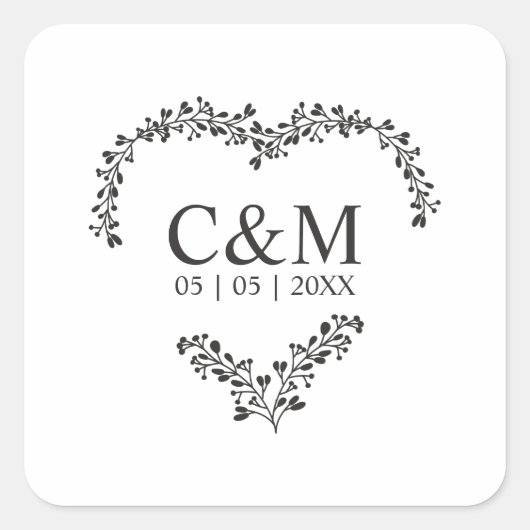 Sticker Carré Black Initial On a Branches Heart (Devant)