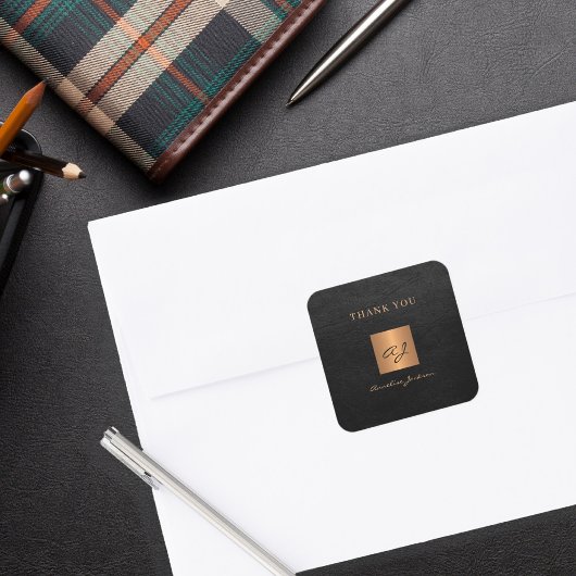 Sticker Carré Black or élégant nom monogramme merci