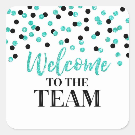 Sticker Carré Black Turquoise Confetti Bienvenue dans l'équipe (Devant)