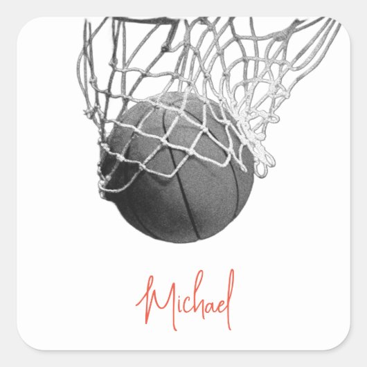 Sticker Carré Black & White Basketball Ball & Net Your Name (Devant)