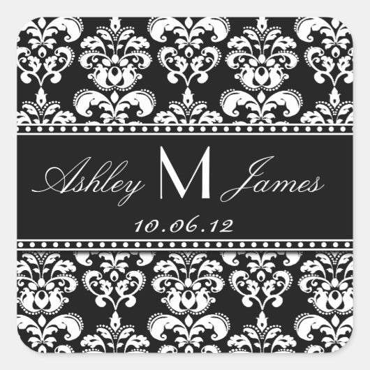 Sticker Carré Black White Damask Enregistrer l'étiquette de date (Devant)