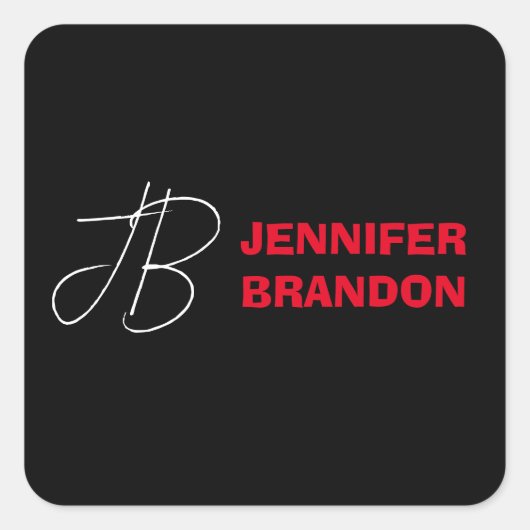 Sticker Carré Black White Red Handwriting Monogramme Ajouter un (Devant)