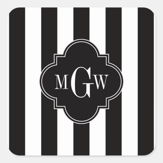 Sticker Carré Black White Stripe Black Quatrefoil 3 Monogramme (Devant)