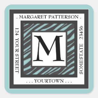 Sticker Carré Black & White Turquoise Zebra Monogram Adresse du