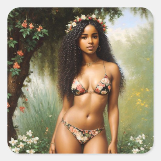 Sticker Carré Black Woman Bikini Modèle beauté florale (Devant)