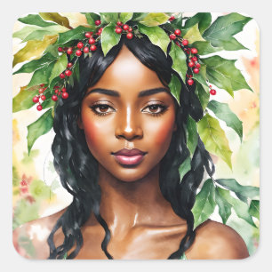 Sticker Carré Black Woman Christmas Holly Aquarelle Art