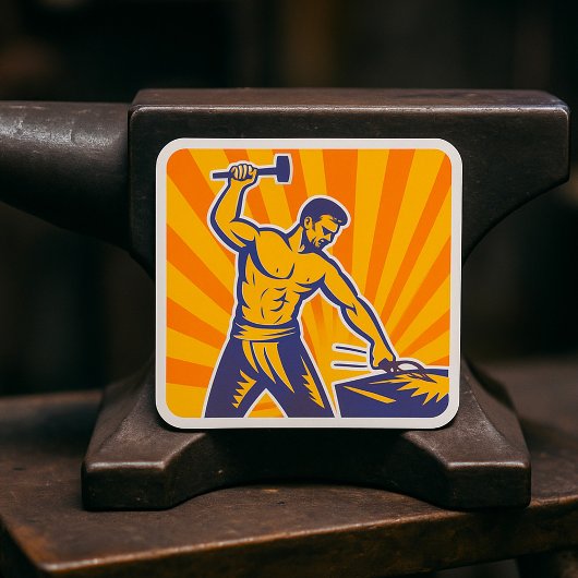 Sticker Carré Blacksmith Hammering Retro Strongman Labor