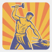 Sticker Carré Blacksmith Hammering Retro Strongman Labor (Devant)
