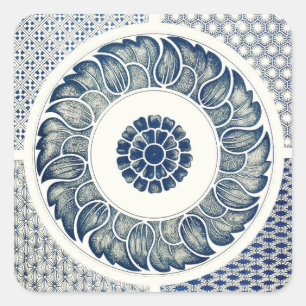 Sticker Carré Blanc bleu Floral chinois rond
