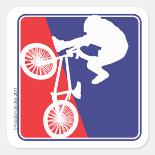 Sticker Carré Blanc de cycliste de BMX et bleu rouges