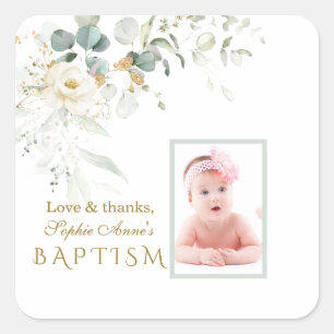 Sticker Carré Blanc Floral Airy Green Girl Photo Baptism Fav